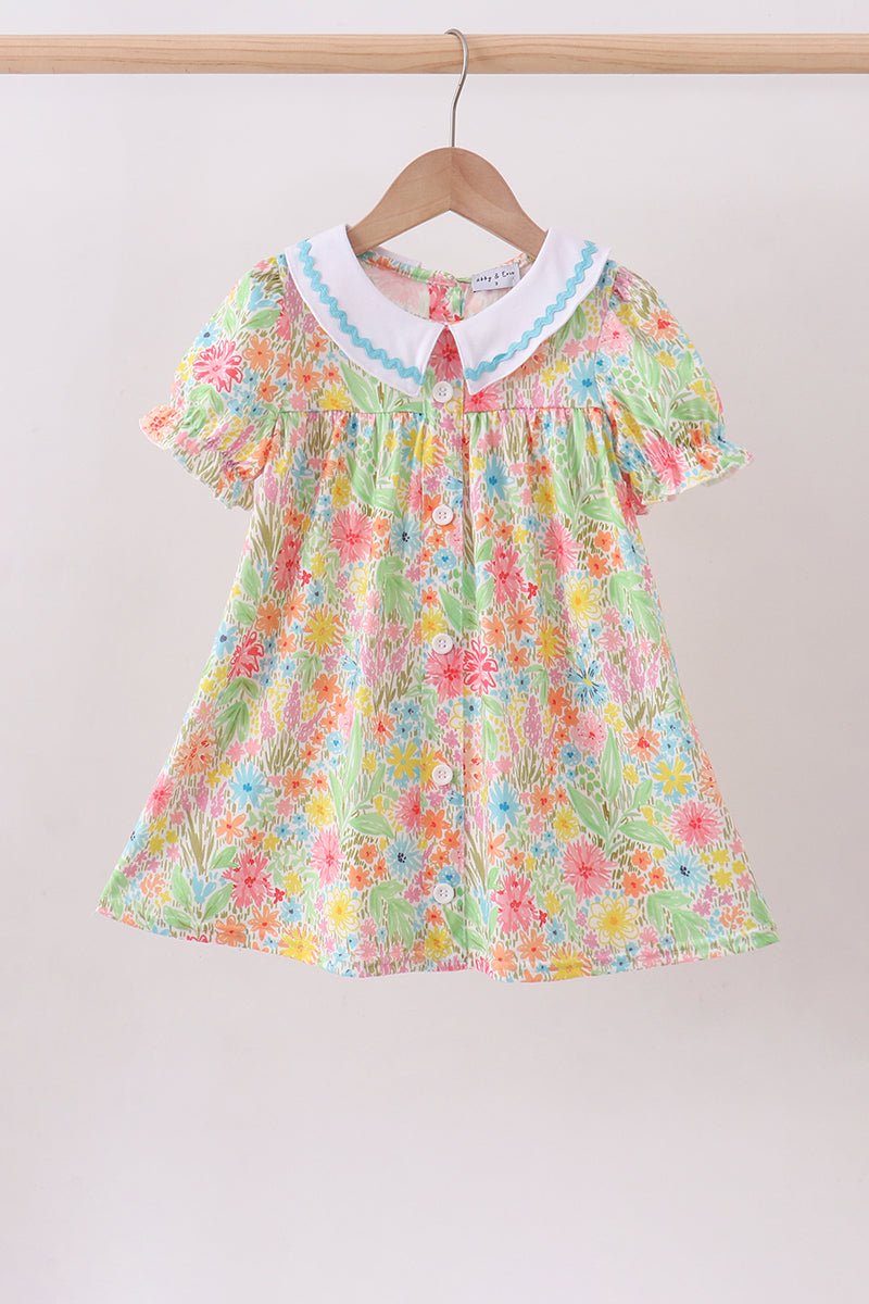 Pink floral print puff sleeve ruffle dress - Abbies Place