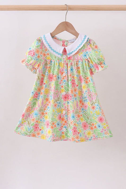 Pink floral print puff sleeve ruffle dress - Abbies Place