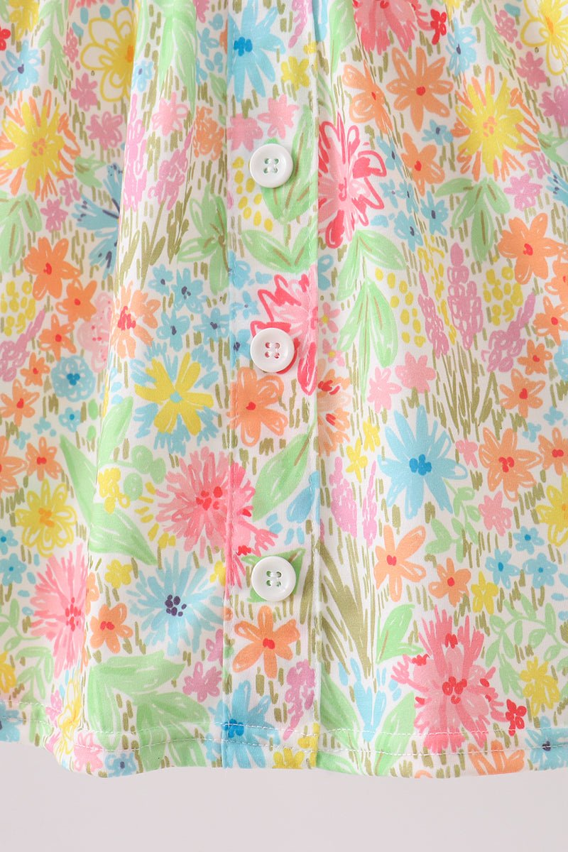 Pink floral print puff sleeve ruffle shorts set - Abbies Place