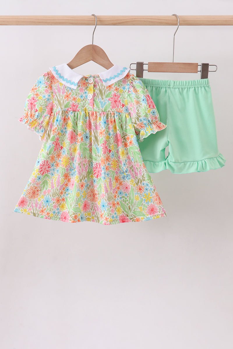 Pink floral print puff sleeve ruffle shorts set - Abbies Place