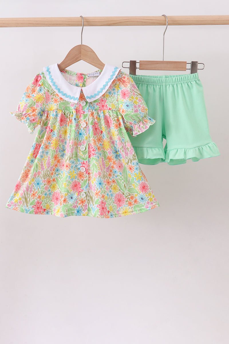 Pink floral print puff sleeve ruffle shorts set - Abbies Place