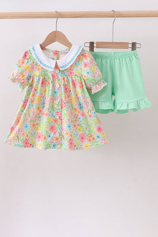 Pink floral print puff sleeve ruffle shorts set - Abbies Place