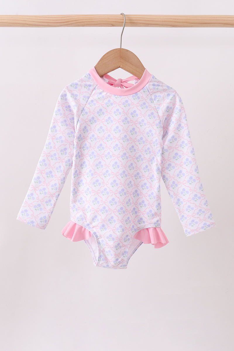 Pink floral print ruffle rashguard - Abbies Place