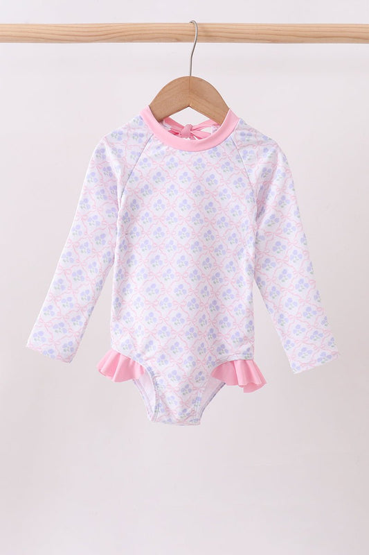 Pink floral print ruffle rashguard - Abbies Place
