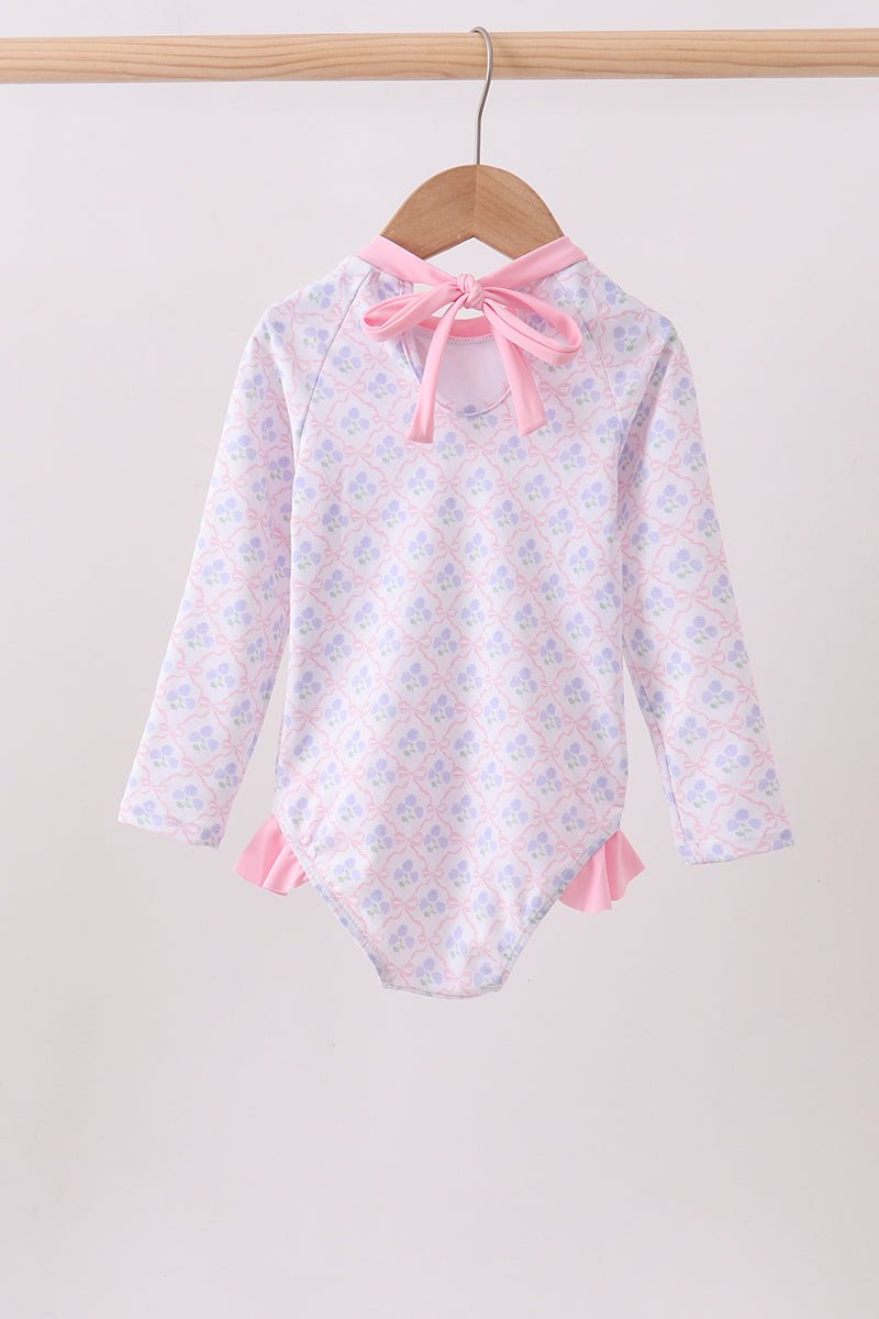 Pink floral print ruffle rashguard - Abbies Place