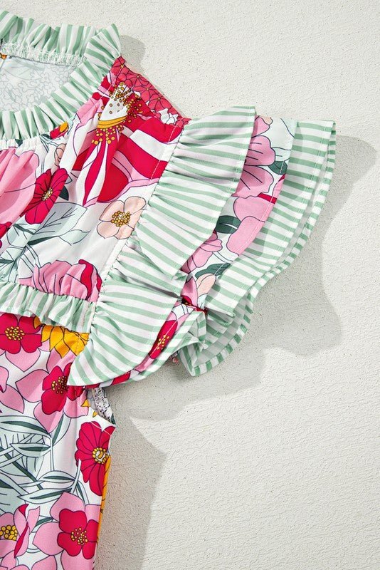 Pink Floral Ruffle Trim Pleated Panel Boho Blouse - Abbies Place