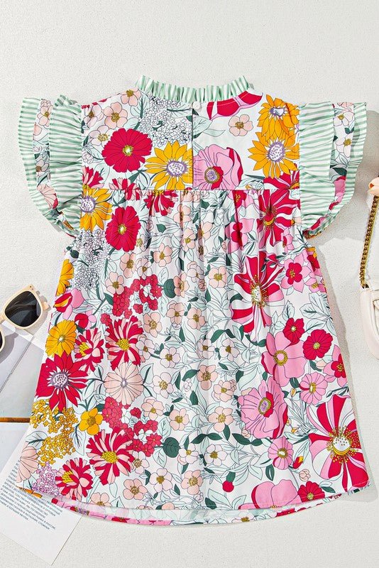 Pink Floral Ruffle Trim Pleated Panel Boho Blouse - Abbies Place