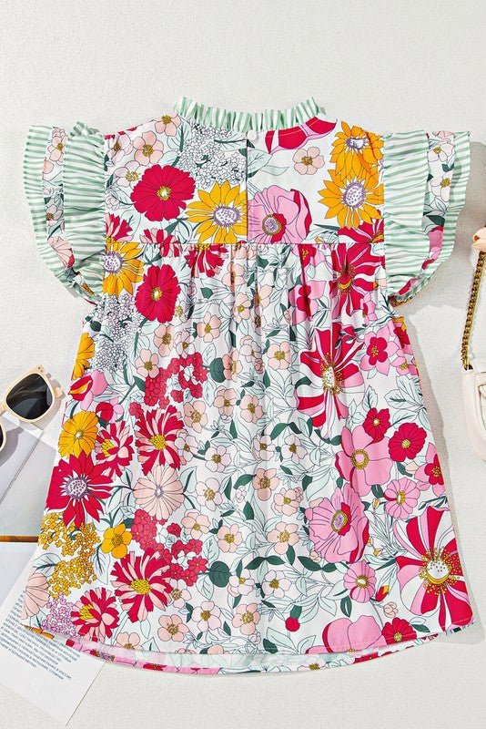 Pink Floral Ruffle Trim Pleated Panel Boho Blouse - Abbies Place