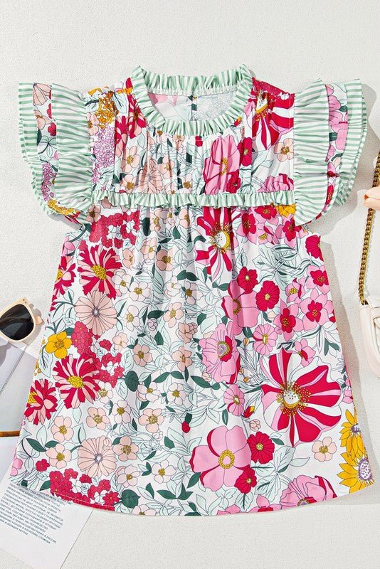 Pink Floral Ruffle Trim Pleated Panel Boho Blouse - Abbies Place
