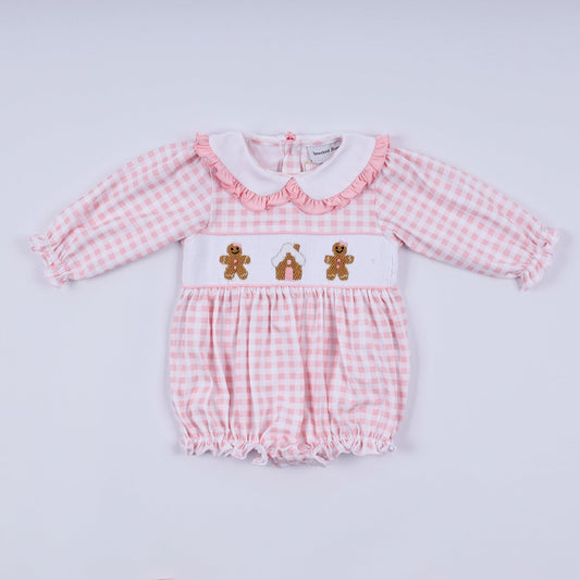 Pink gingerbread hand smocked gingham ruffle bubble - Abbies Place