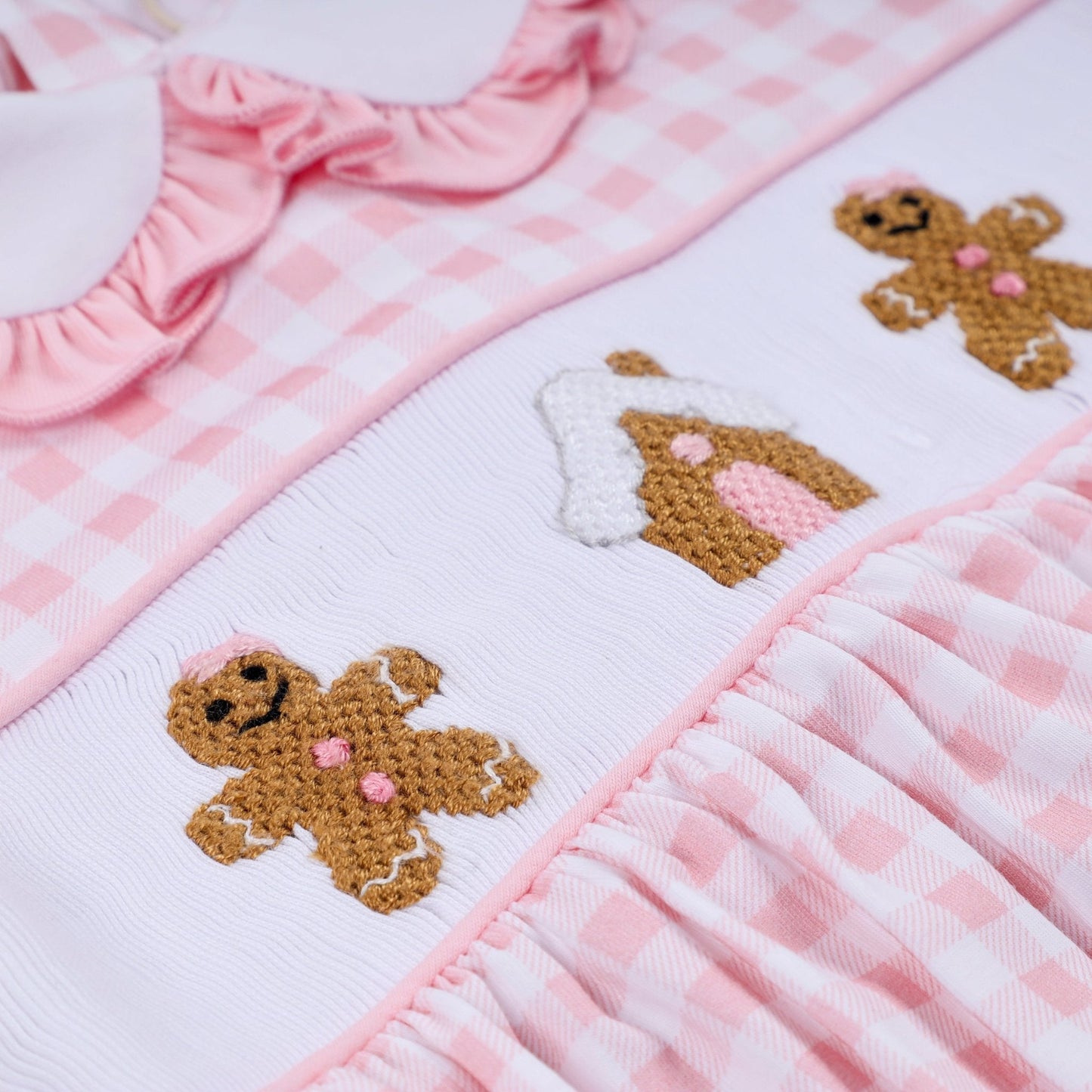 Pink gingerbread hand smocked gingham ruffle bubble - Abbies Place