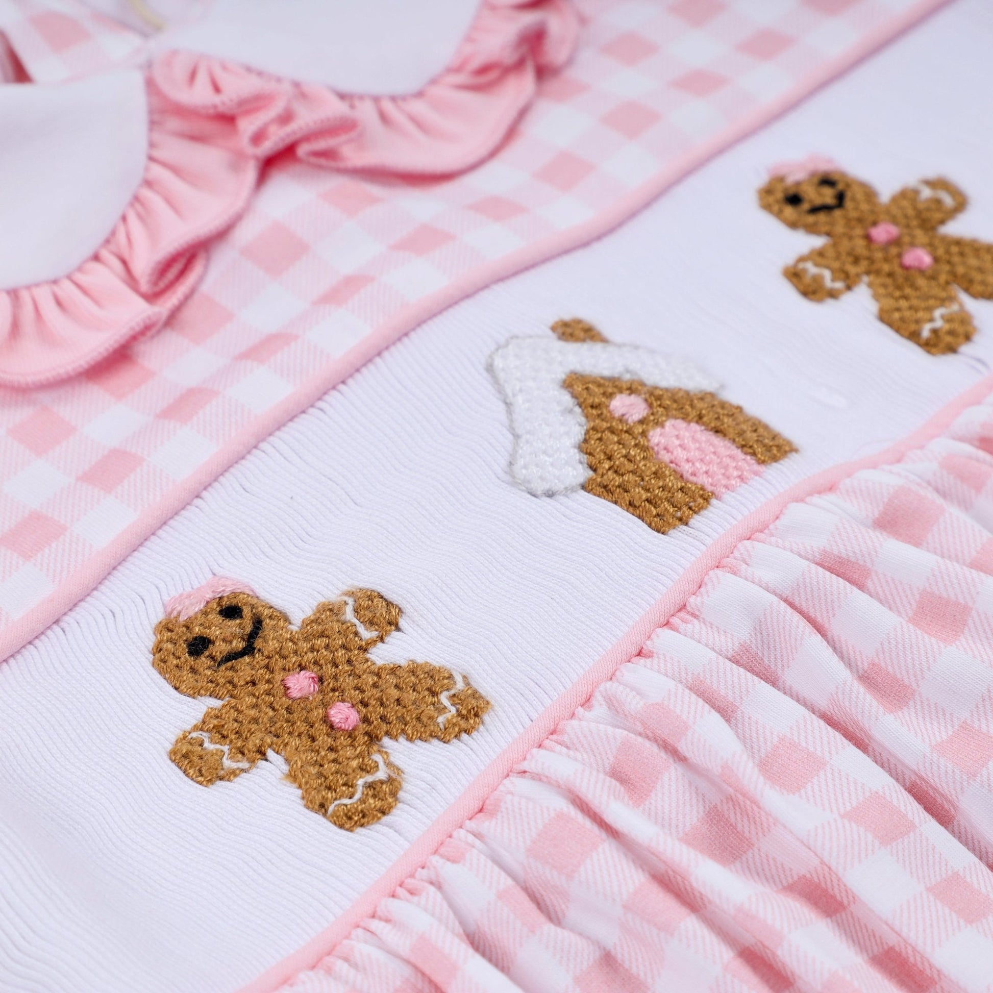 Pink gingerbread hand smocked gingham ruffle bubble - Abbies Place