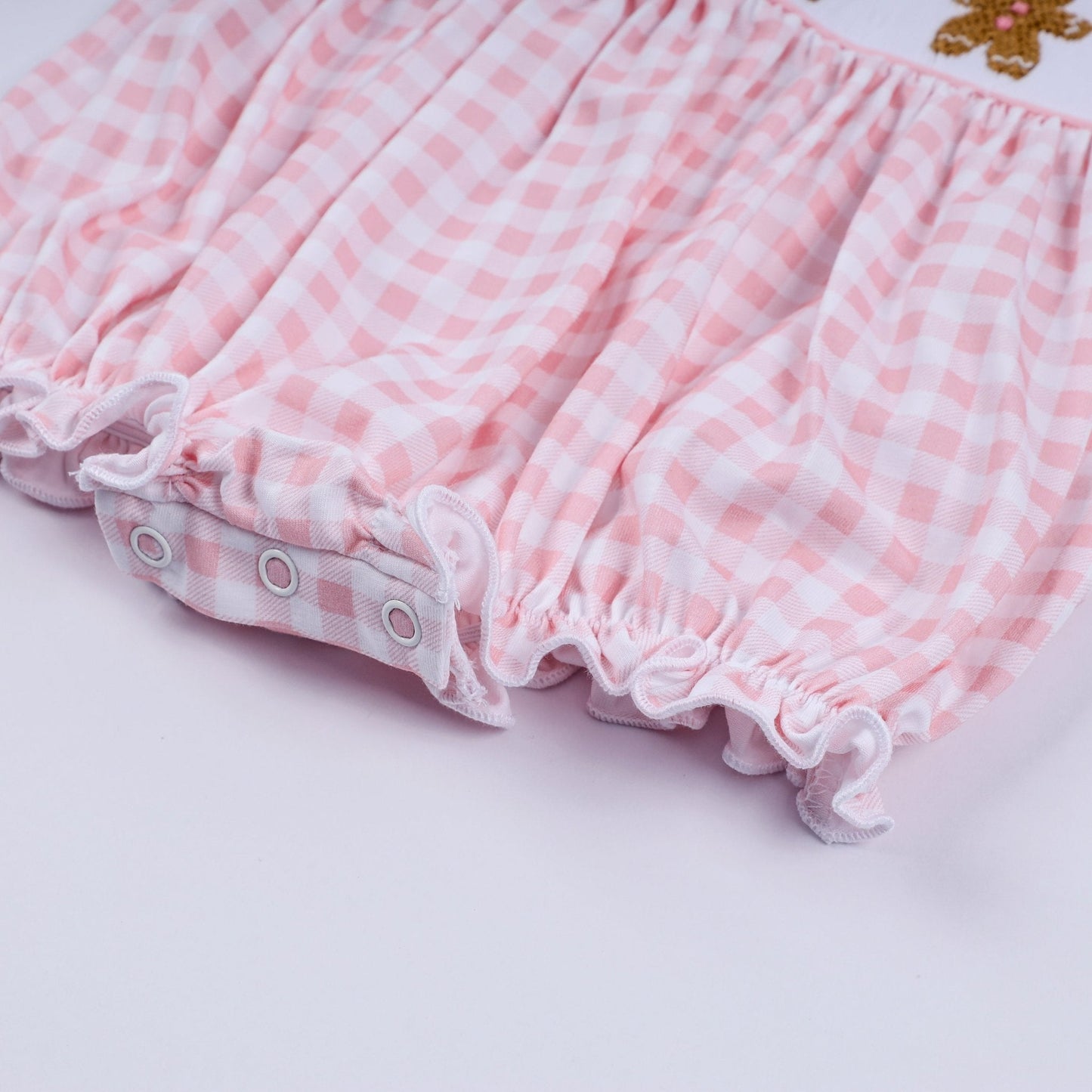 Pink gingerbread hand smocked gingham ruffle bubble - Abbies Place
