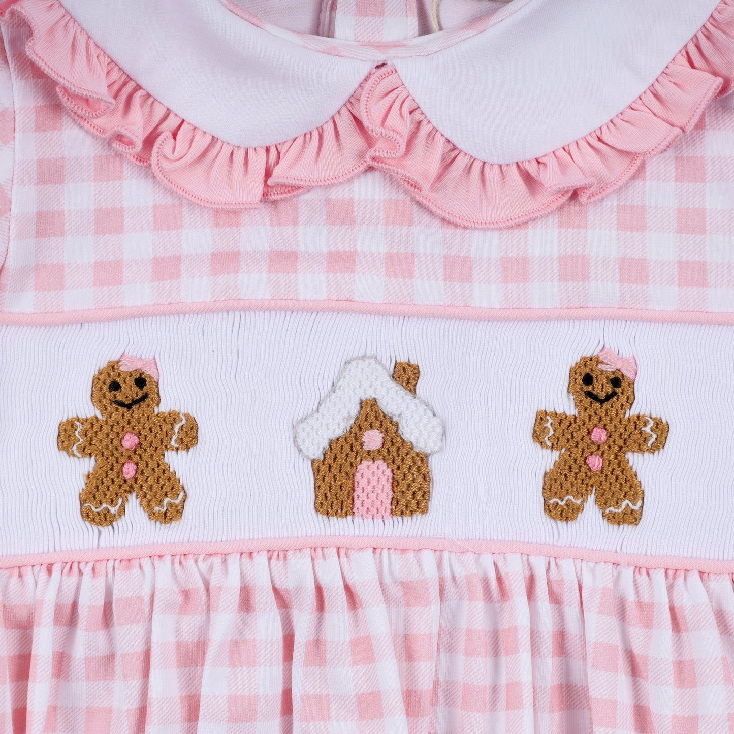 Pink gingerbread hand smocked gingham ruffle bubble - Abbies Place