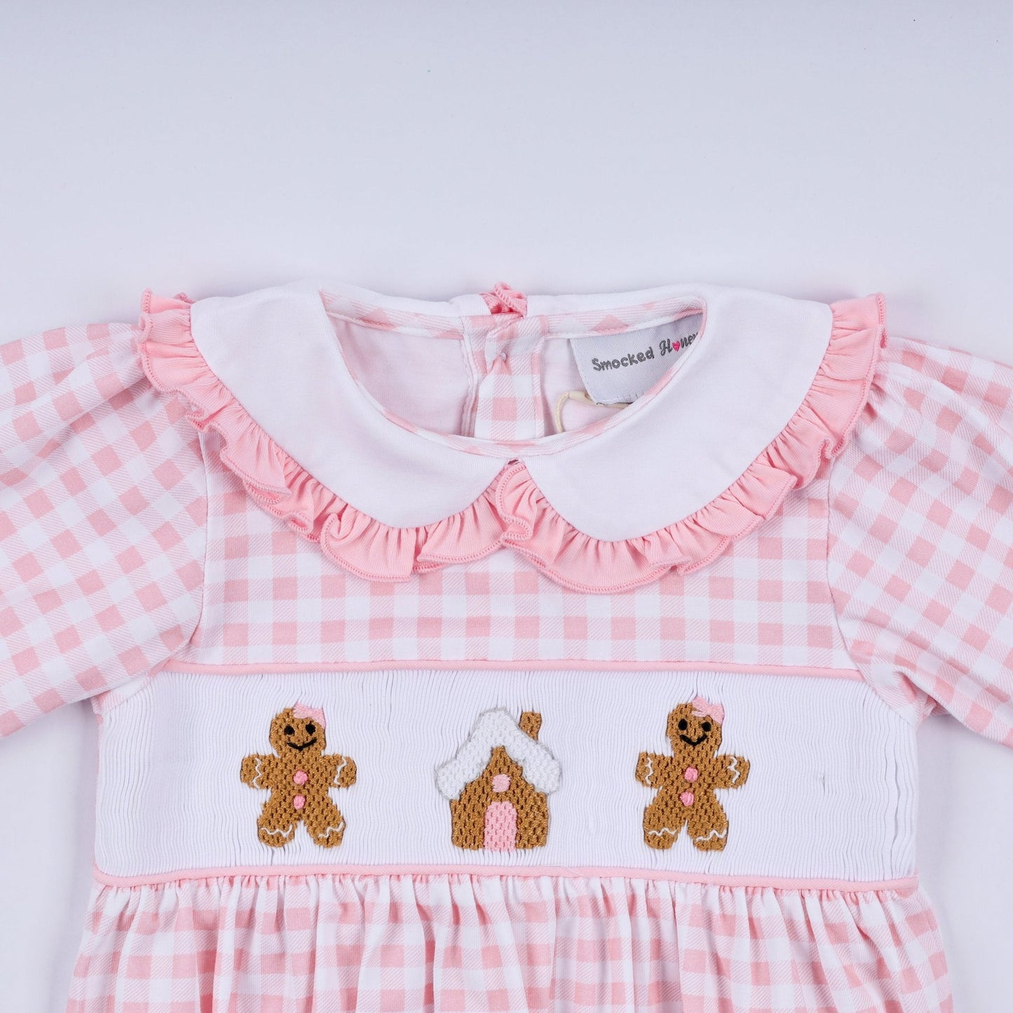 Pink gingerbread hand smocked gingham ruffle bubble - Abbies Place