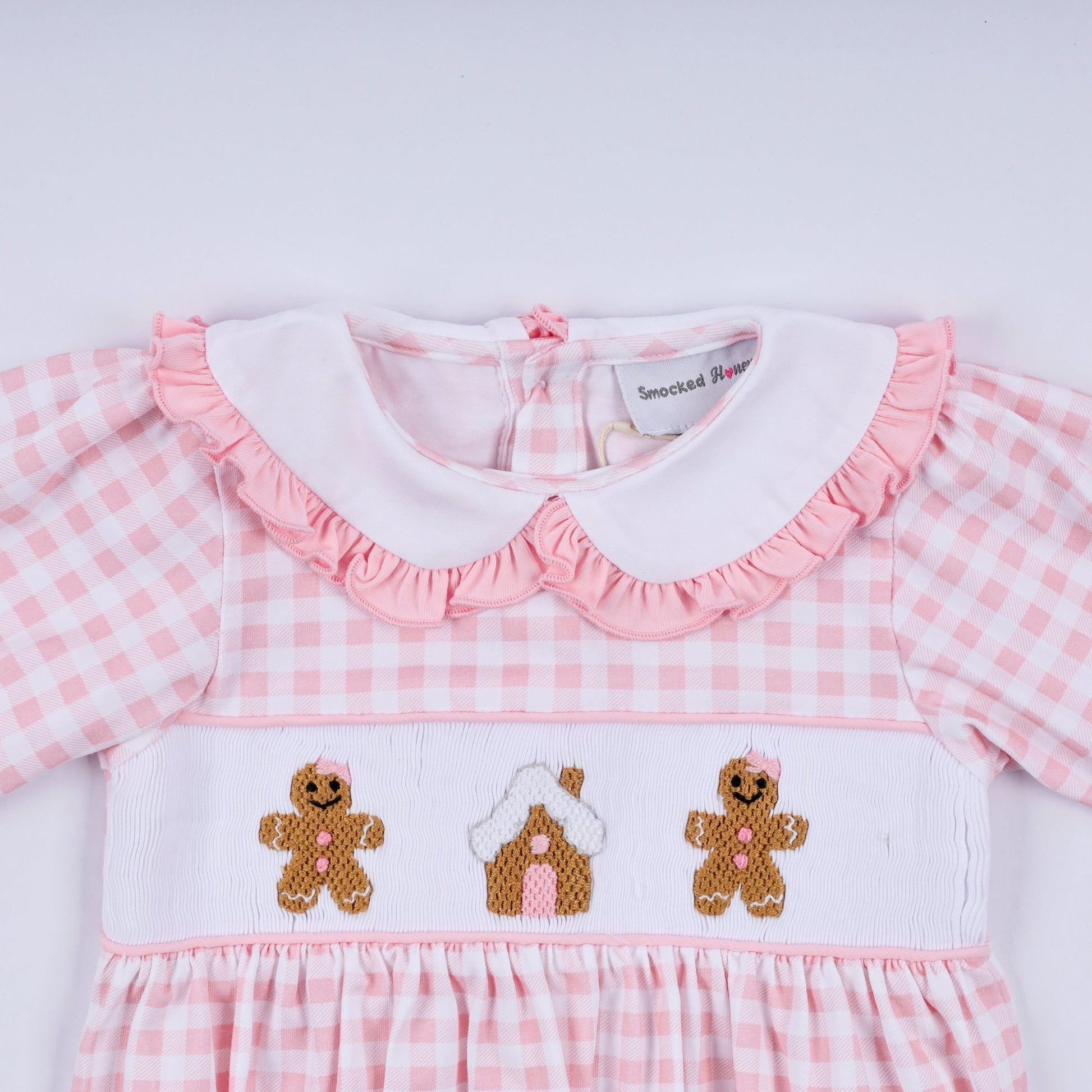 Pink gingerbread hand smocked gingham ruffle bubble - Abbies Place