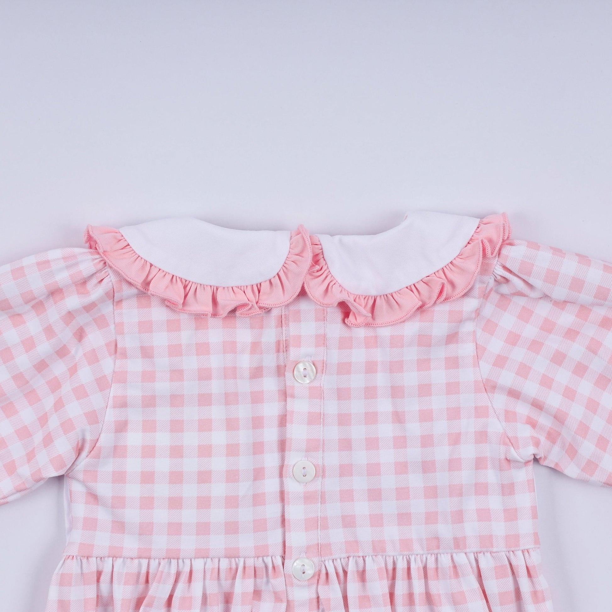 Pink gingerbread hand smocked gingham ruffle bubble - Abbies Place