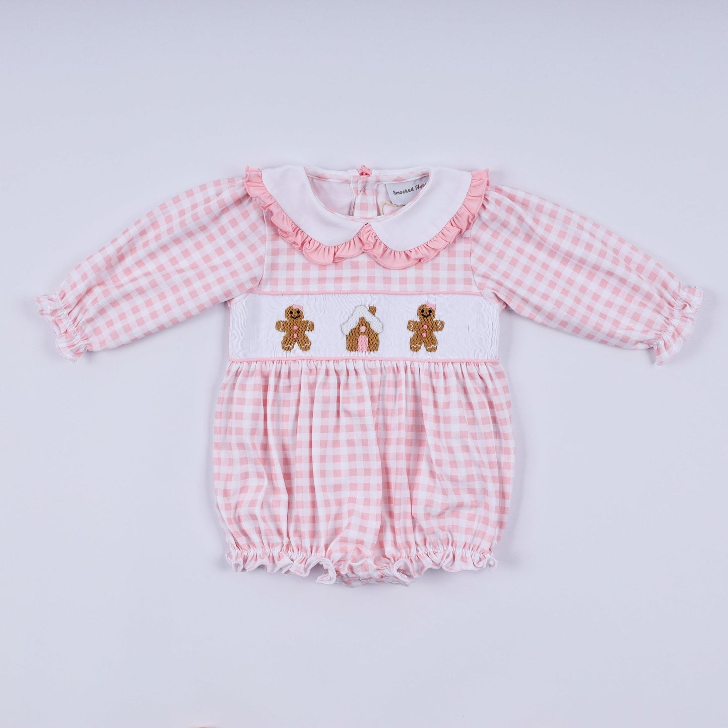 Pink gingerbread hand smocked gingham ruffle bubble - Abbies Place