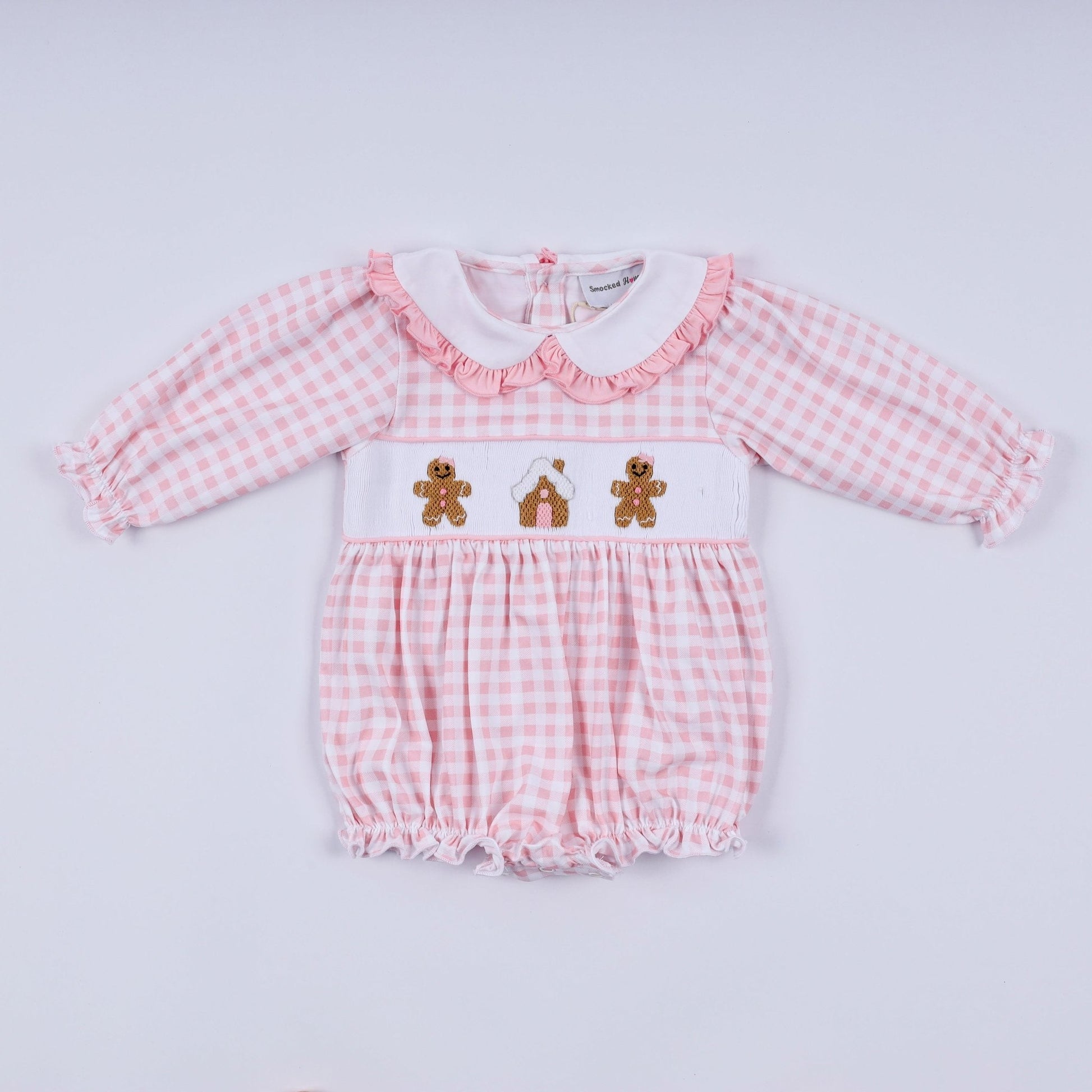Pink gingerbread hand smocked gingham ruffle bubble - Abbies Place