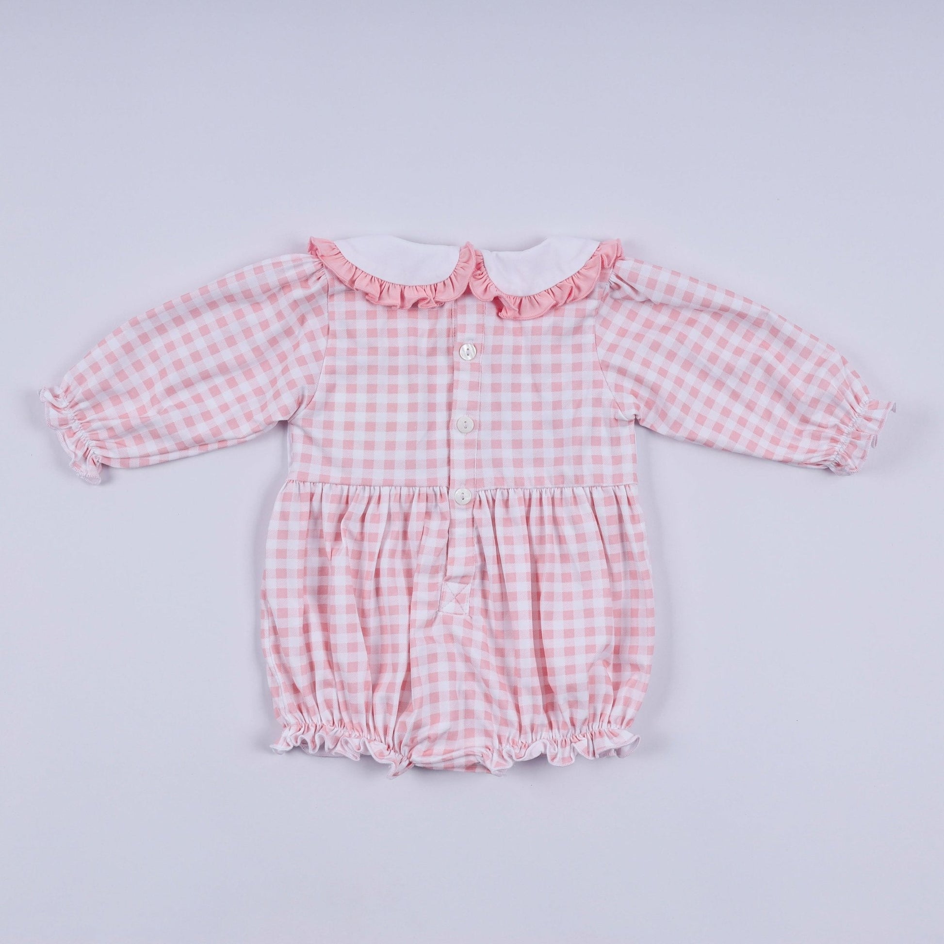 Pink gingerbread hand smocked gingham ruffle bubble - Abbies Place