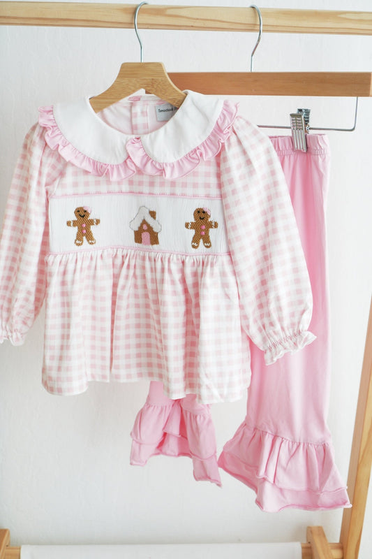 Pink gingerbread hand smocked gingham ruffle pants set - Abbies Place