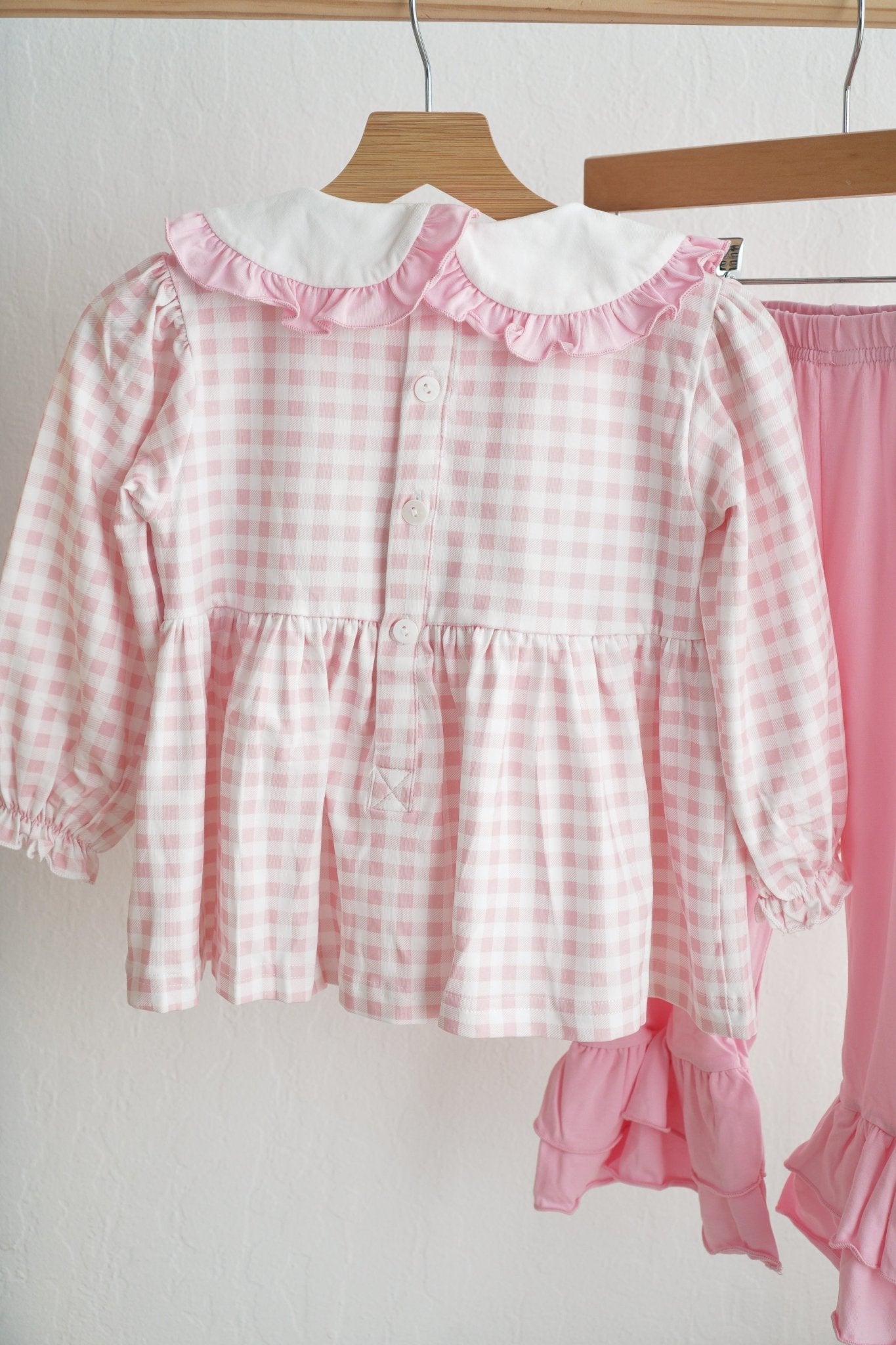 Pink gingerbread hand smocked gingham ruffle pants set - Abbies Place