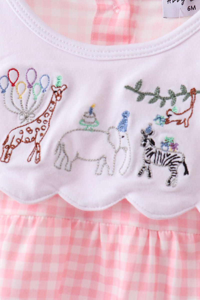 Pink Gingham Animal Embroidered Bubble - Abbies Place