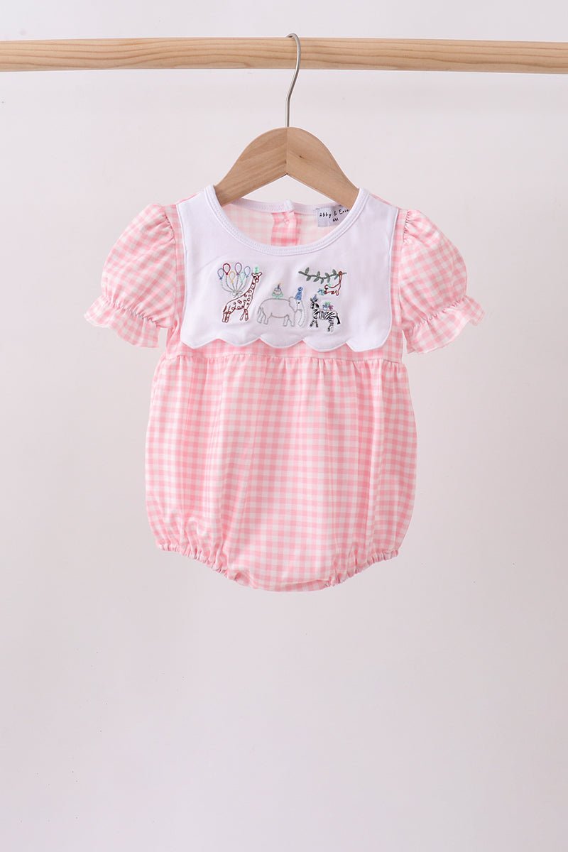Pink Gingham Animal Embroidered Bubble - Abbies Place