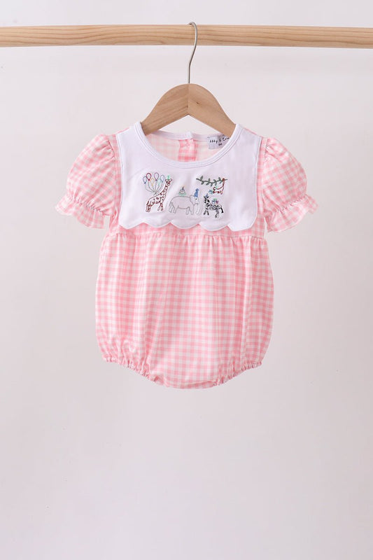 Pink Gingham Animal Embroidered Bubble - Abbies Place