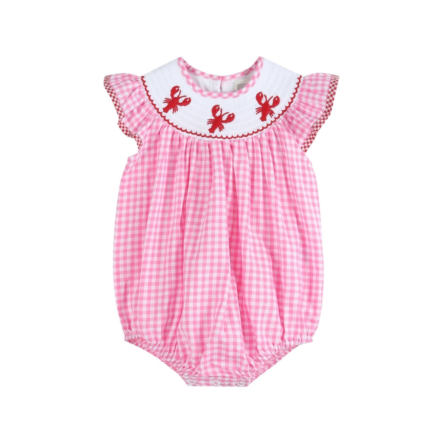 Pink Gingham Crawfish Smocked Flutter Romper - Abbies Place