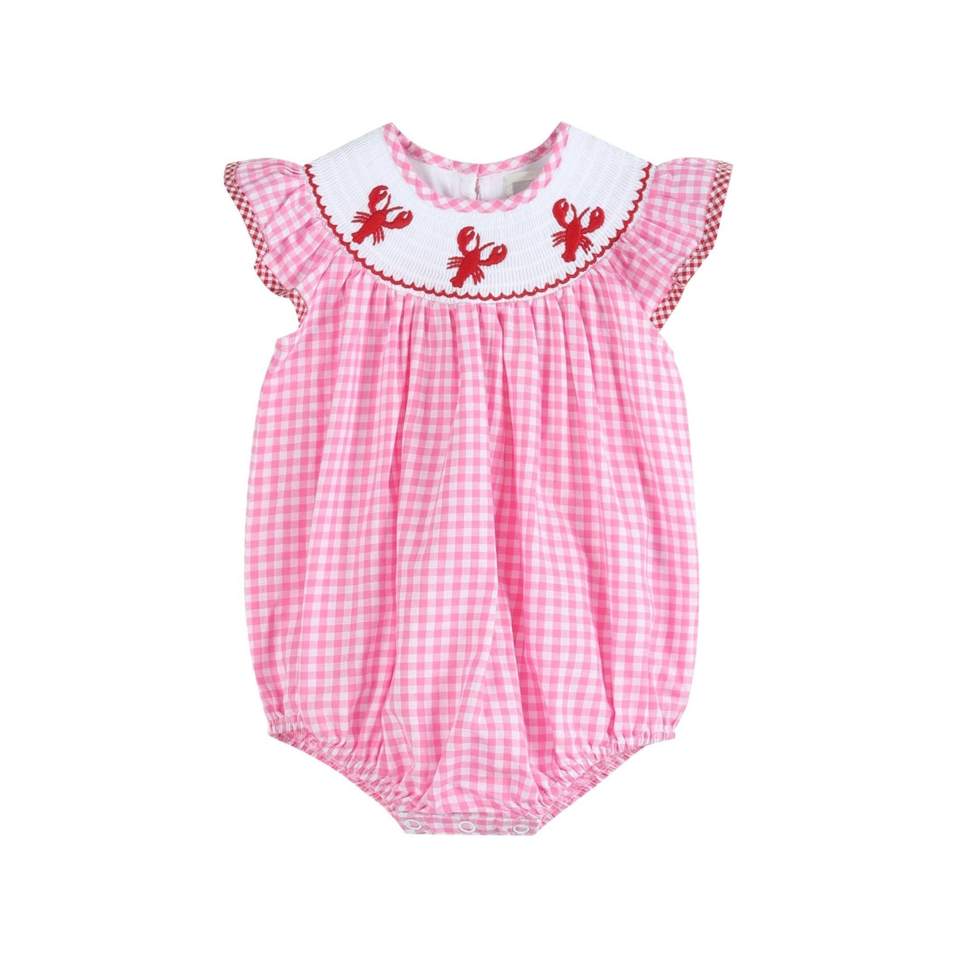 Pink Gingham Crawfish Smocked Flutter Romper - Abbies Place