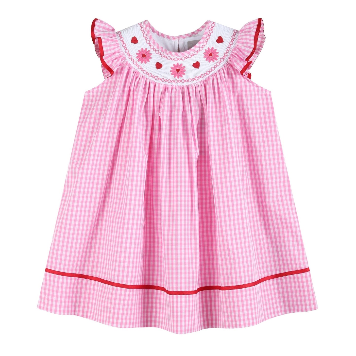Pink Gingham Daisy and Hearts Smocked Bishop Dress