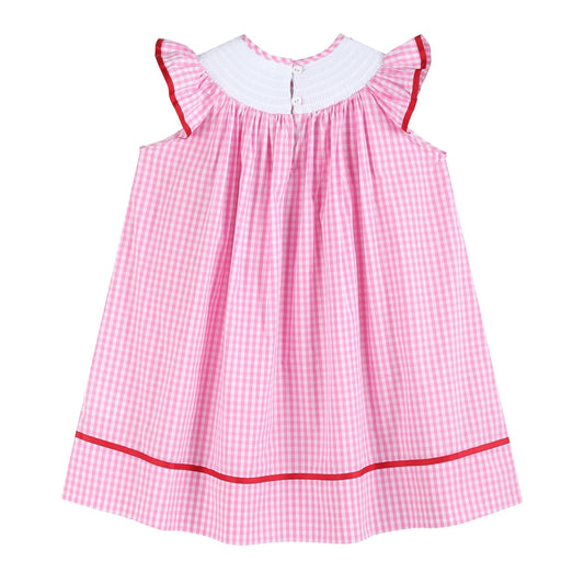Pink Gingham Daisy and Hearts Smocked Bishop Dress