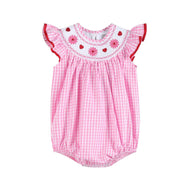 Pink Gingham Daisy and Hearts Smocked Romper