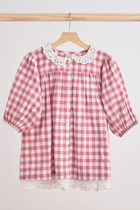 Pink gingham flannel lace dress - Abbies Place