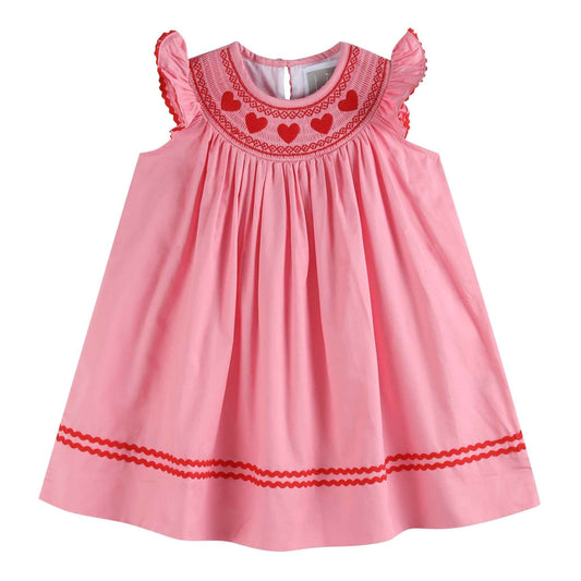 Pink Heart Valentine Smocked Bishop Dress - Abbies Place