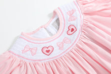 Load image into Gallery viewer, Pink Hearts &amp; Bows Smocked Bishop Dress
