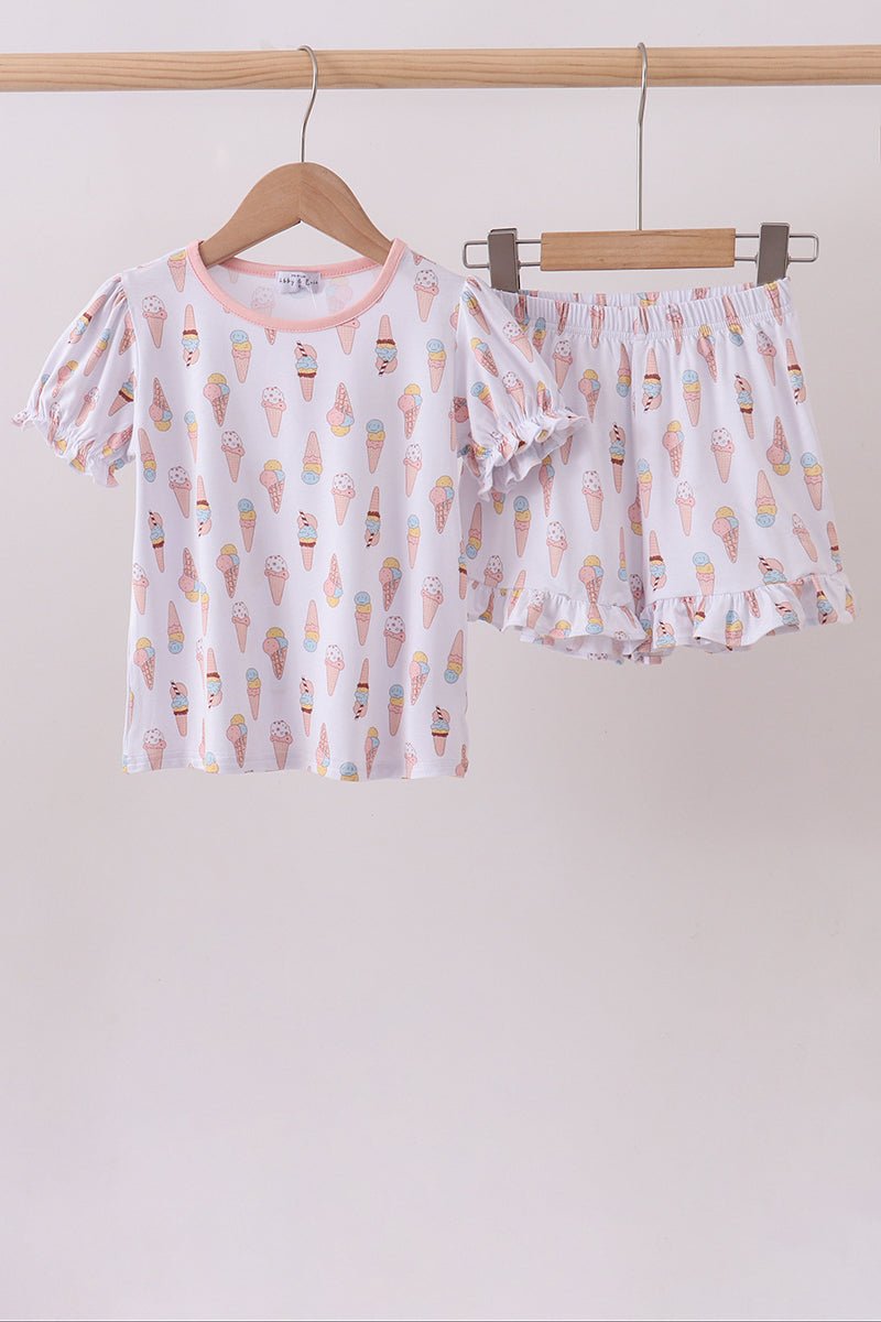 Pink ice cream print bamboo ruffle pajama set - Abbies Place