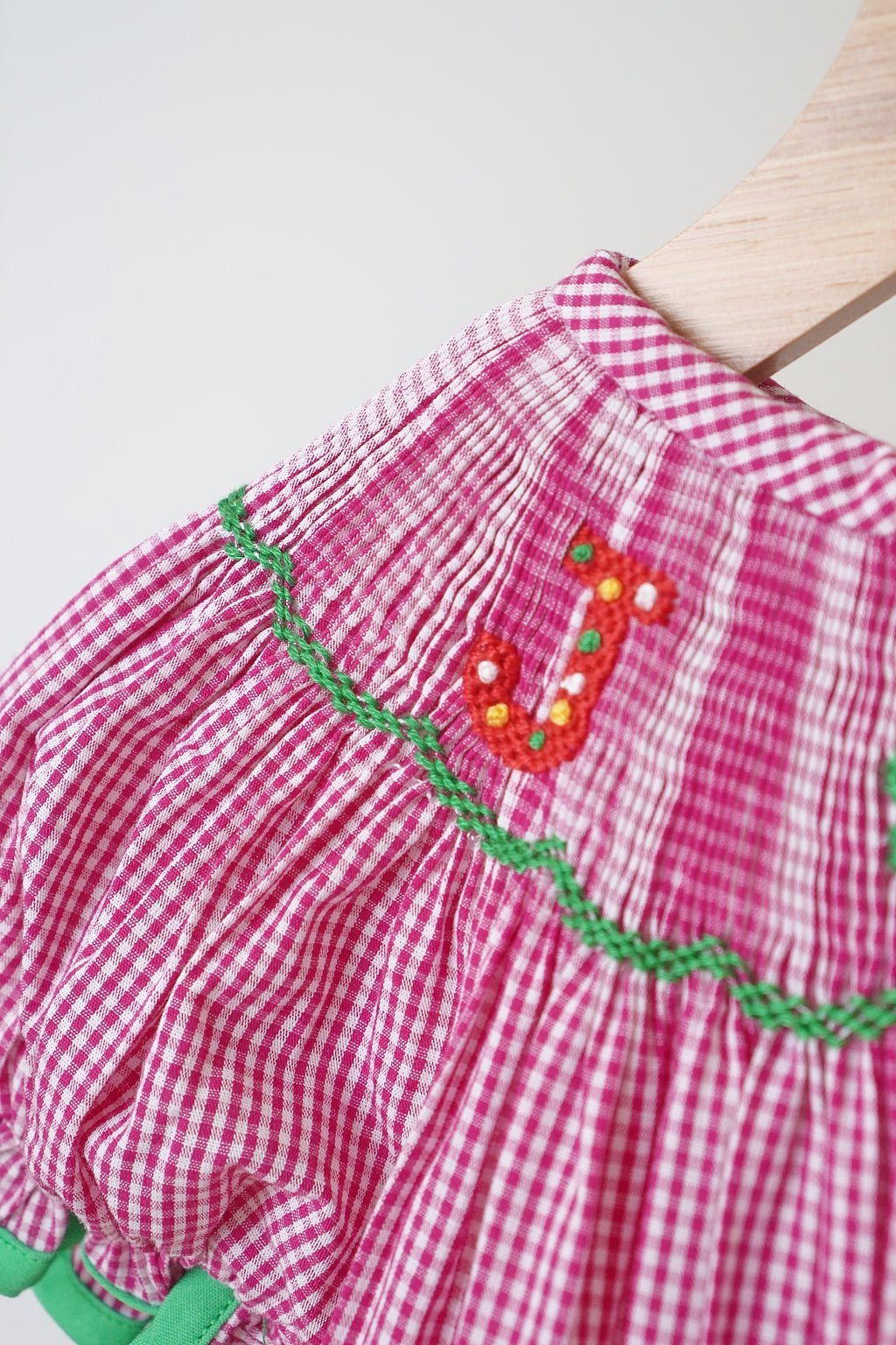 Pink joy hand smocked girl gingham romper - Abbies Place