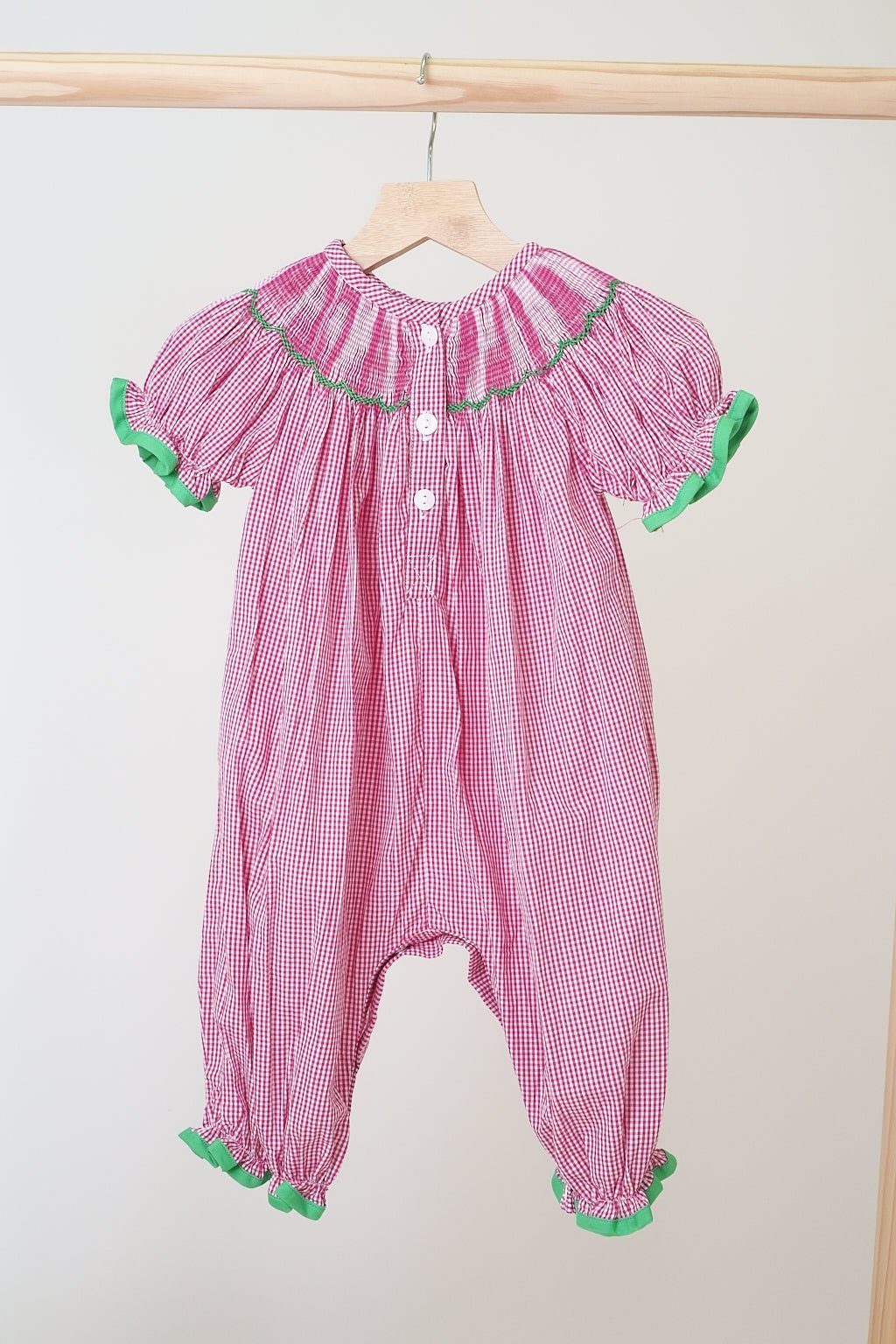 Pink joy hand smocked girl gingham romper - Abbies Place