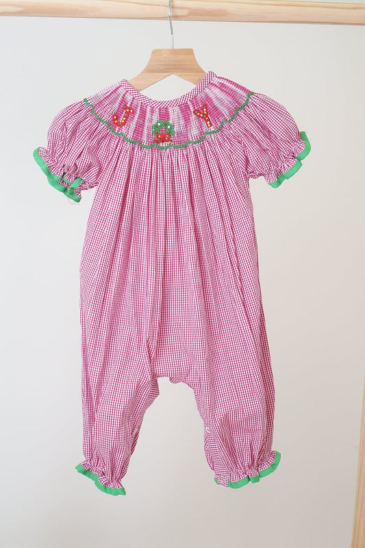Pink joy hand smocked girl gingham romper - Abbies Place