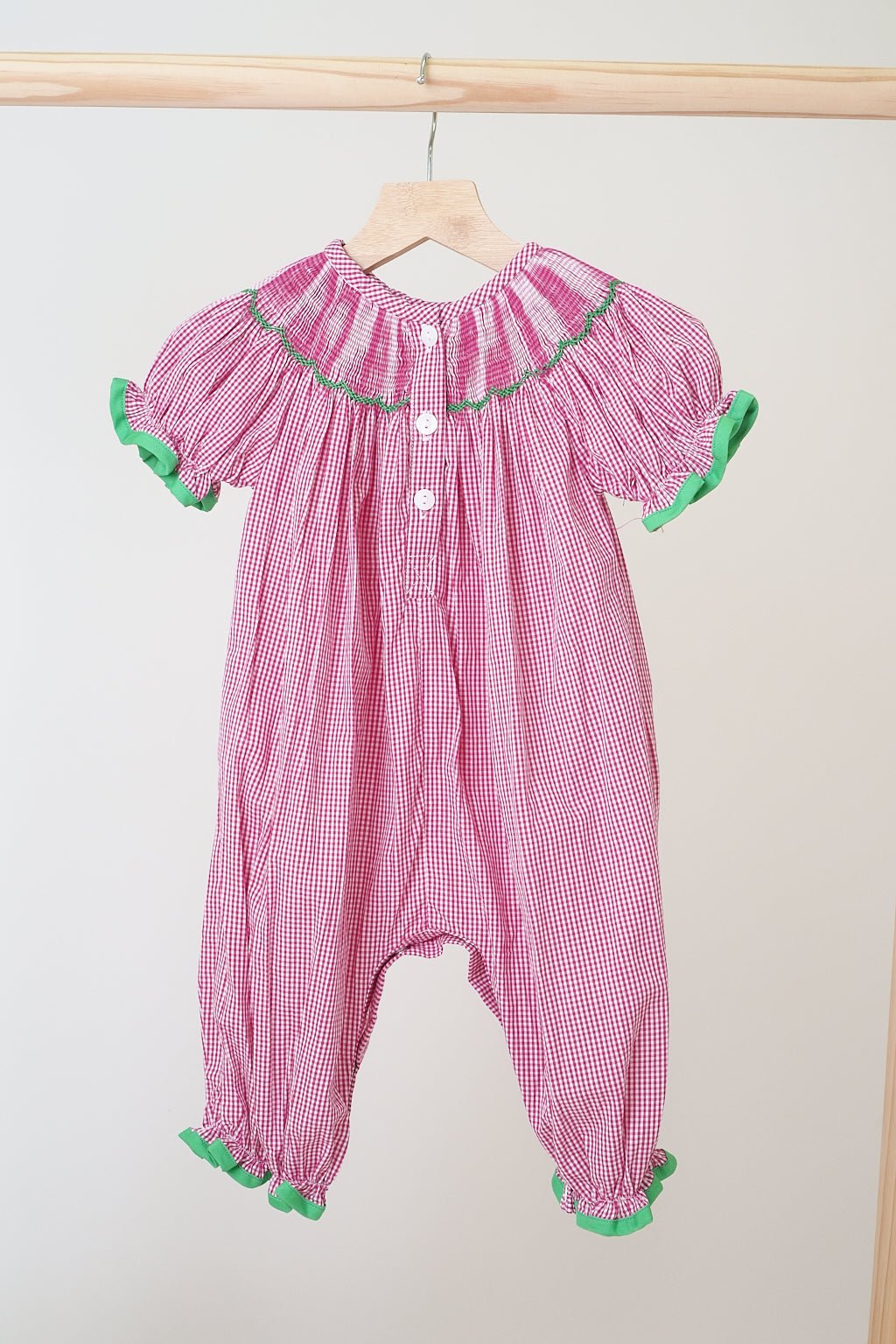 Pink joy hand smocked girl gingham romper - Abbies Place