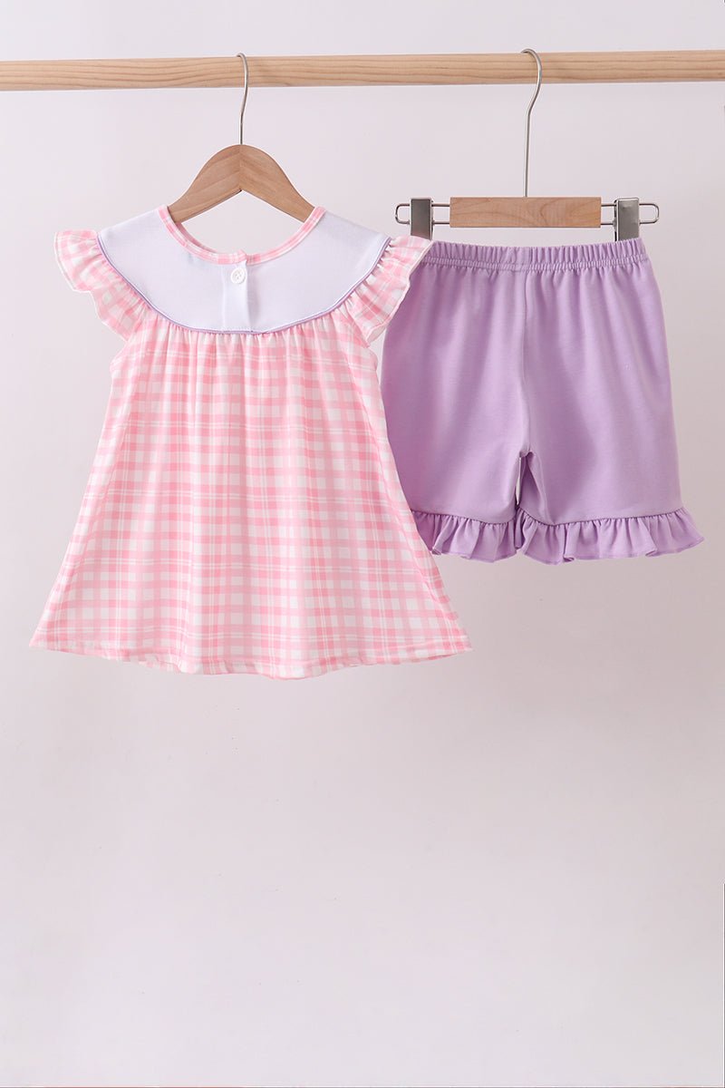 Pink octopus starfish embroidery plaid ruffle shorts set - Abbies Place