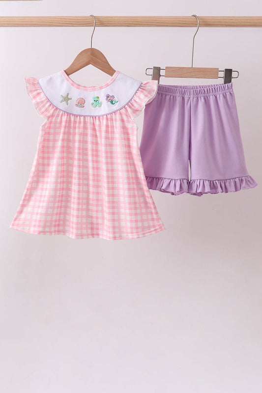 Pink octopus starfish embroidery plaid ruffle shorts set - Abbies Place