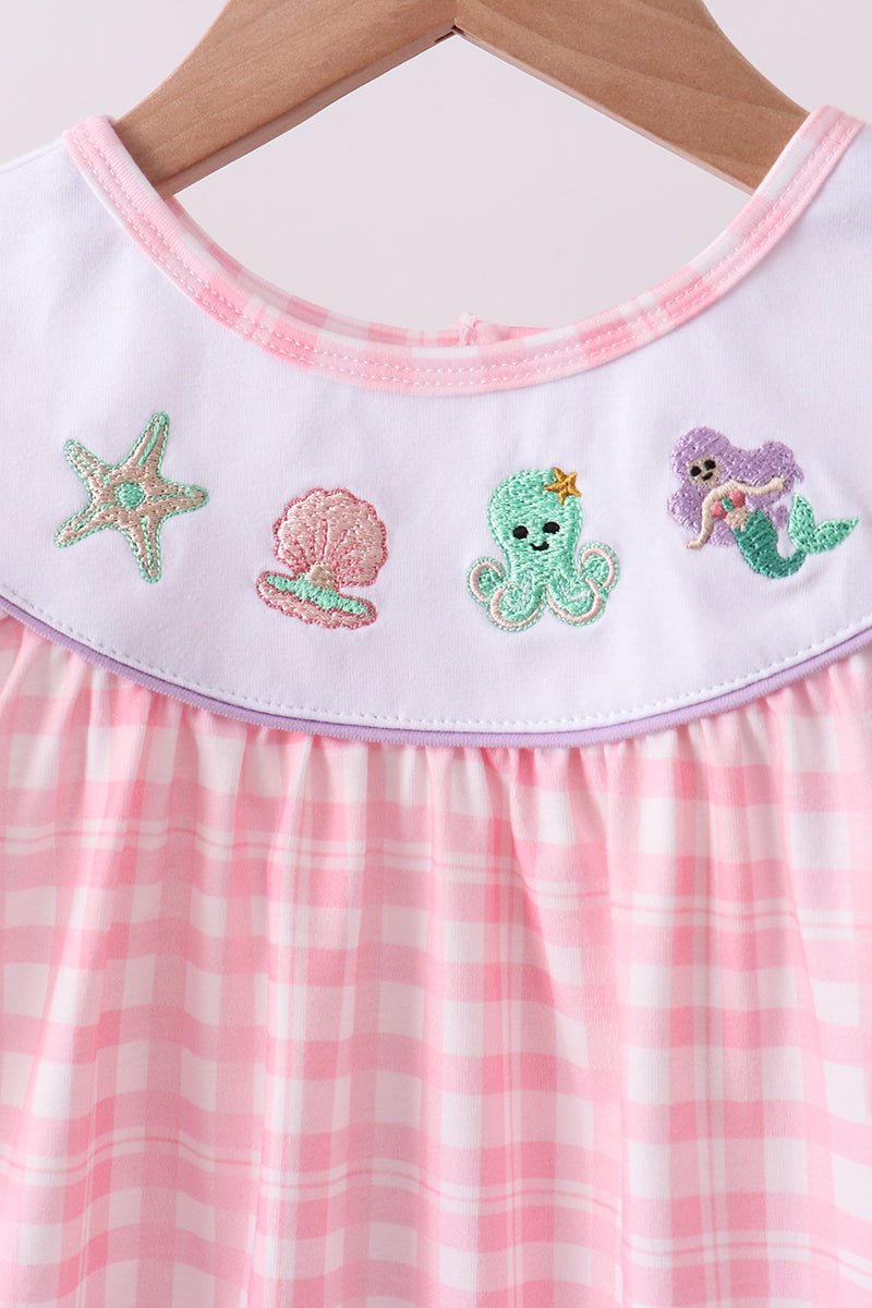 Pink octopus starfish embroidery plaid ruffle shorts set - Abbies Place