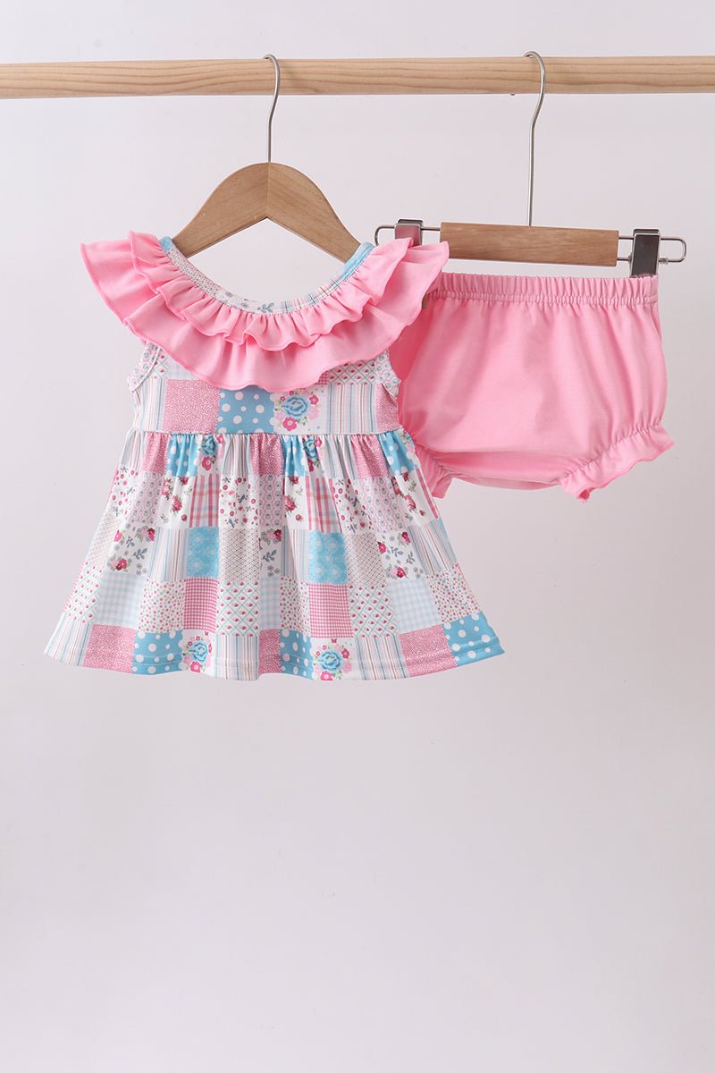 Pink patchwork floral ruffle bloomer set - Abbies Place