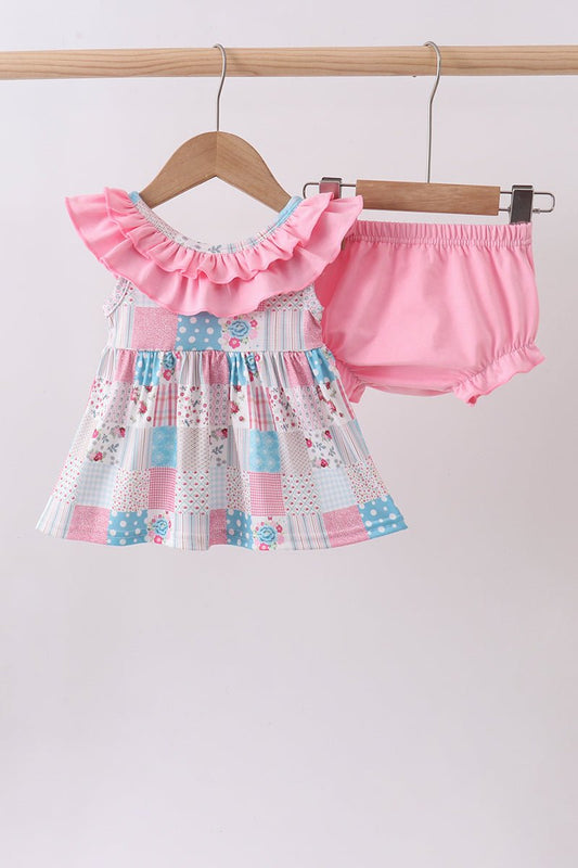 Pink patchwork floral ruffle bloomer set - Abbies Place