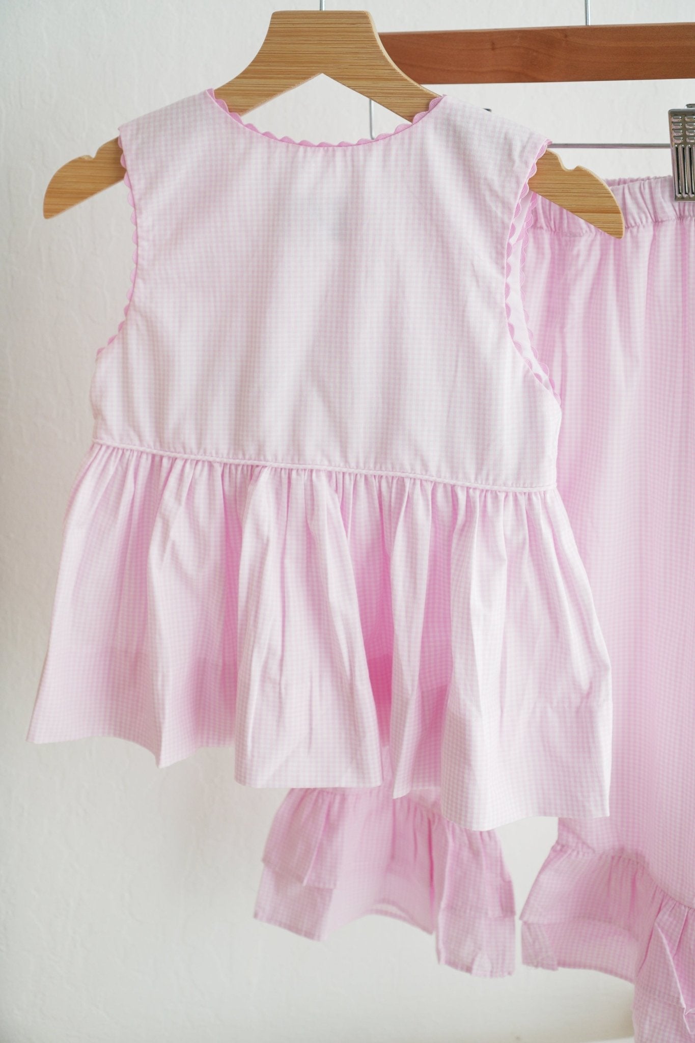 Pink princess hand smocked plaid ruffle pants set - Abbies Place