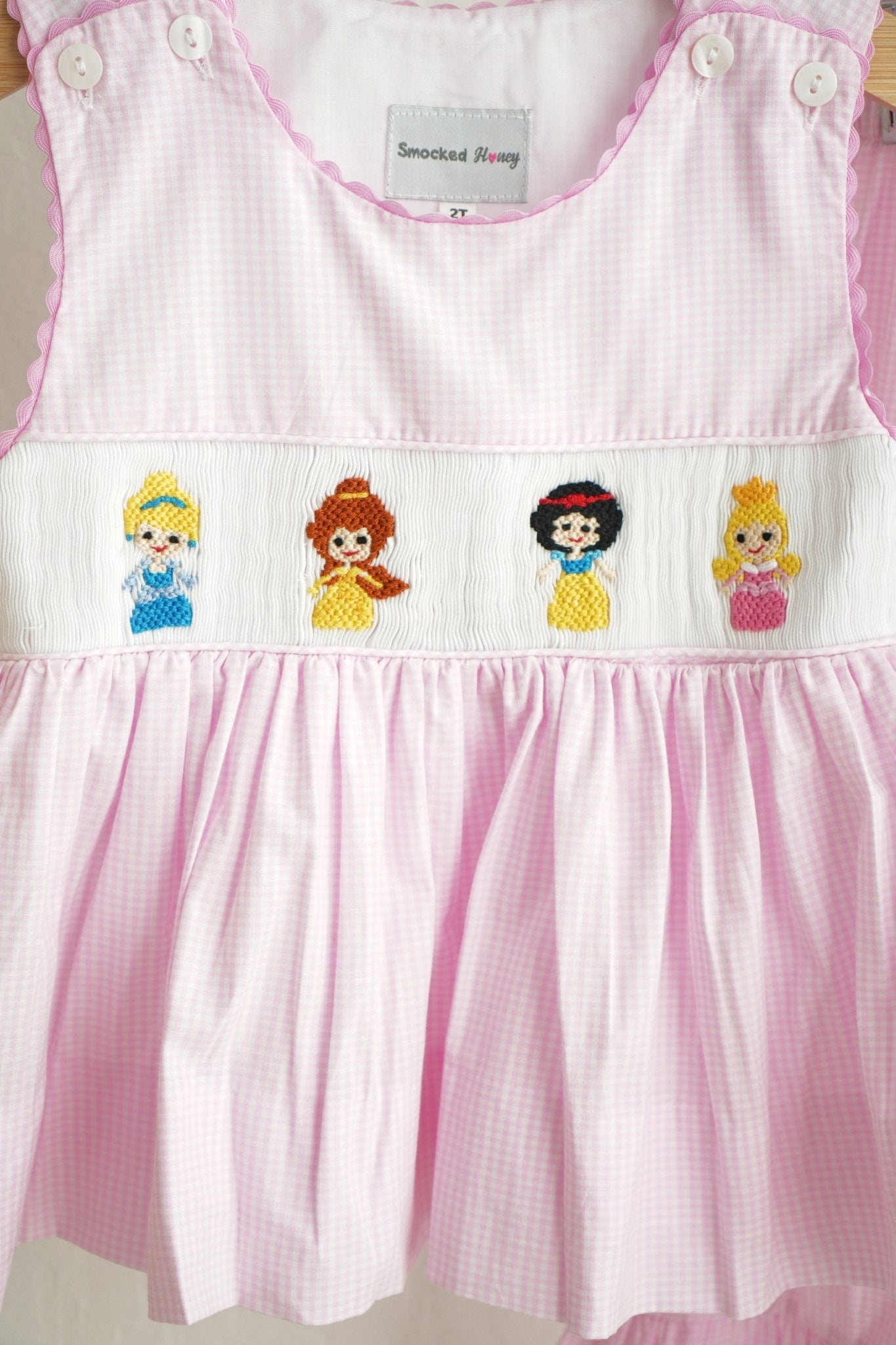 Pink princess hand smocked plaid ruffle pants set - Abbies Place