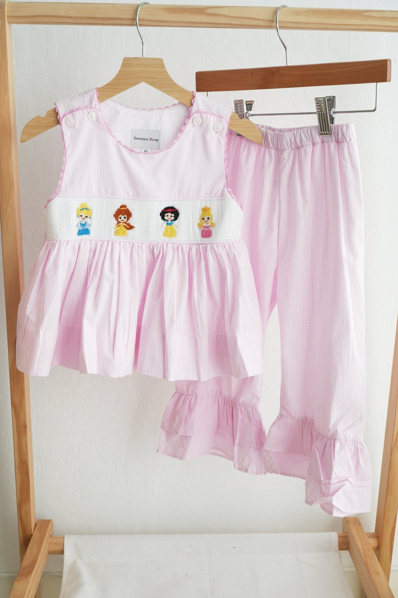 Pink princess hand smocked plaid ruffle pants set - Abbies Place
